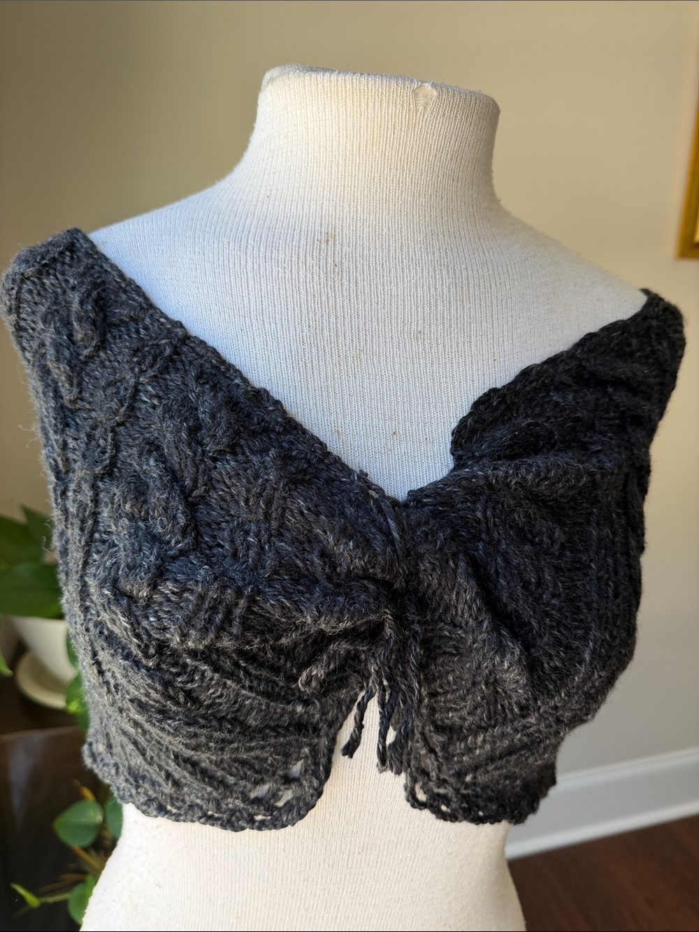 Hand Crafted Charcoal Gray Cable Knit Tie-Front Camisole